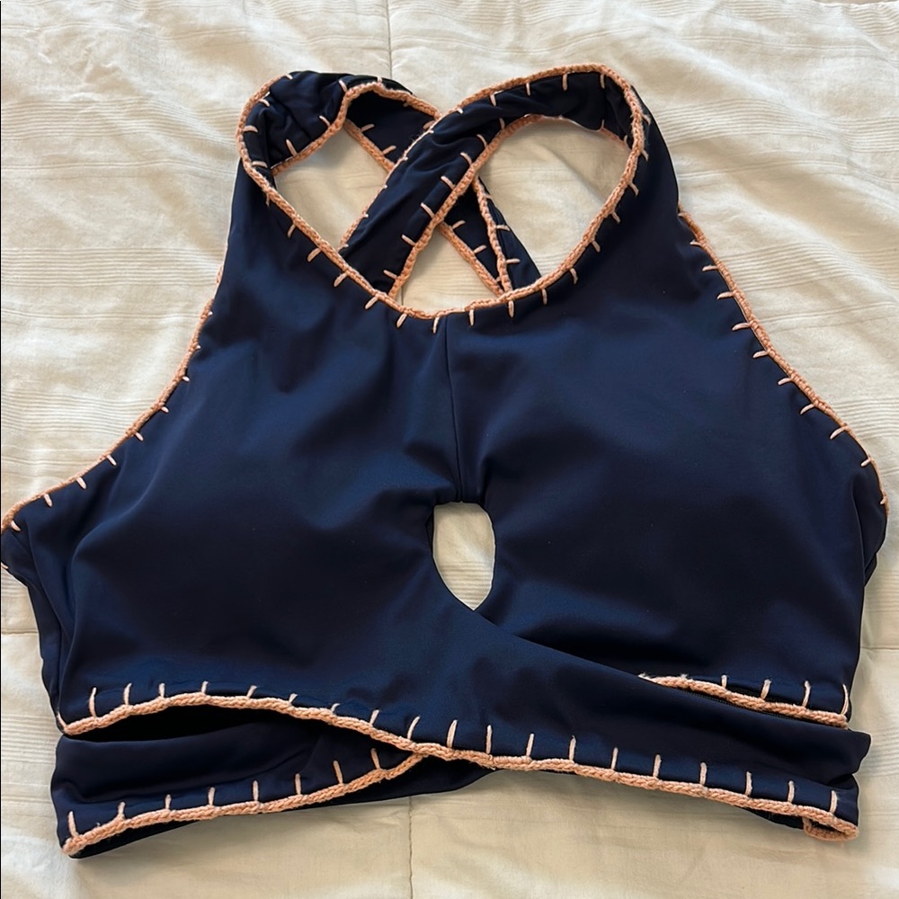 Navy Blue Halter Bralette with Pink Stitching